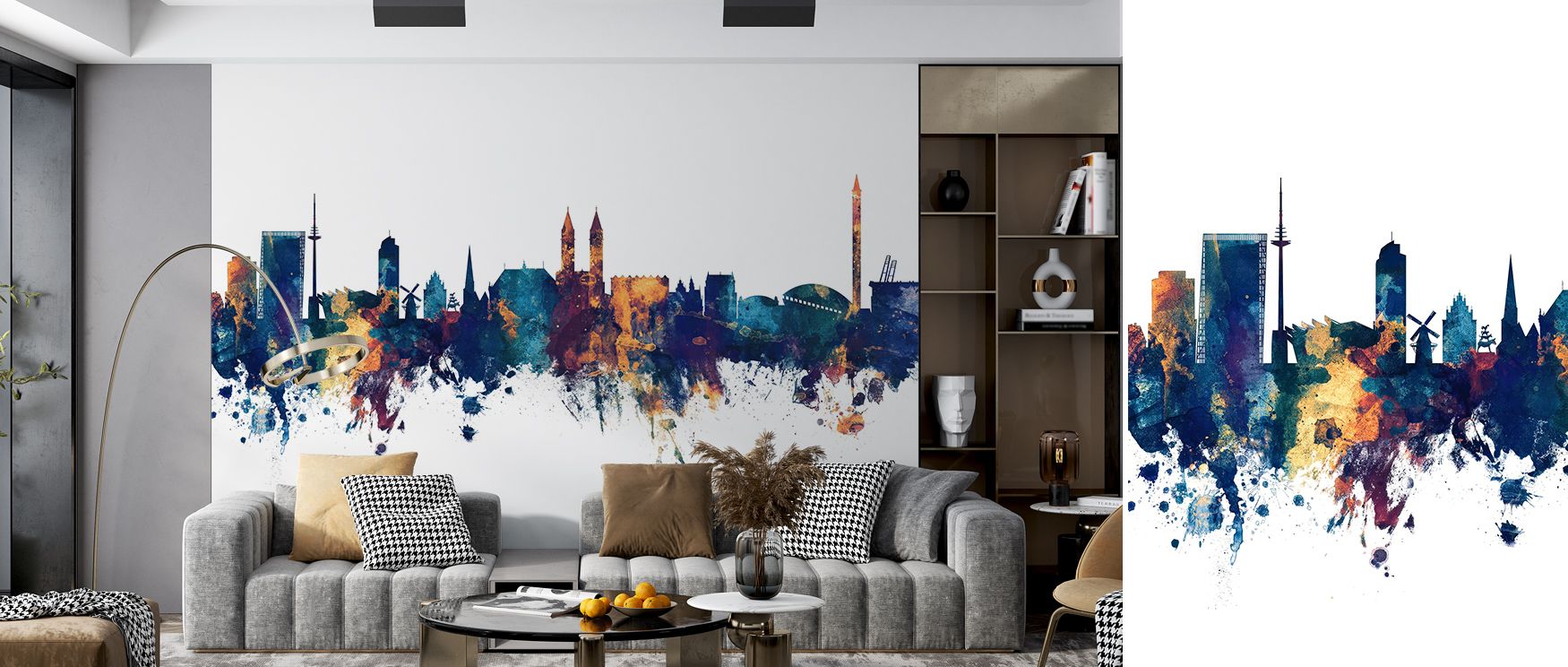 Refined contrast defines the Bremen Germany Skyline Blue & Bronze Wallpaper, where soft light meets metallic tone. Each element reveals artistry through shadow and highlight. The skyline appears bathed in golden dusk, harmonizing structure and stillness. 