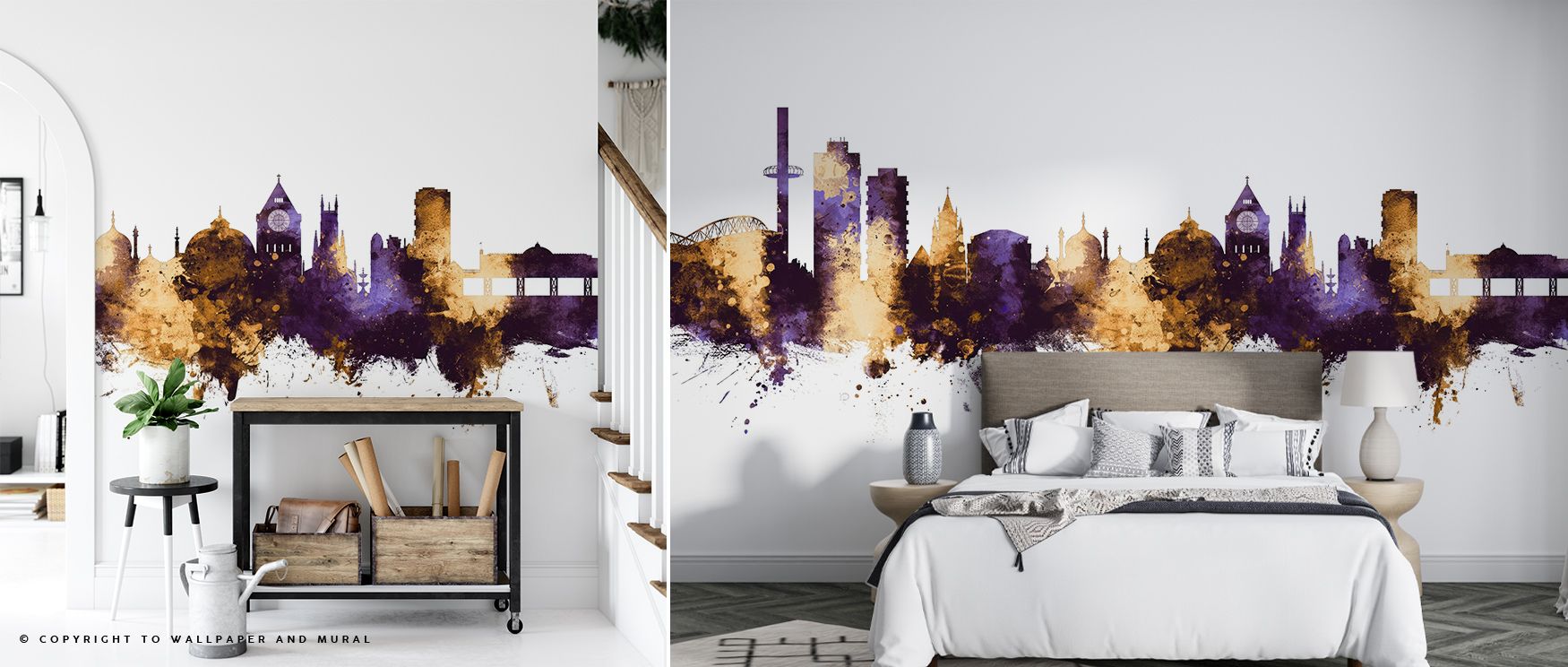Warm light traces through the Brighton England Skyline Purple & Gold Wallpaper, outlining domes and rooftops in glimmering detail. The palette captures the artistry of sunset over architecture, merging deep royal tones with soft luminosity. Its mood conve