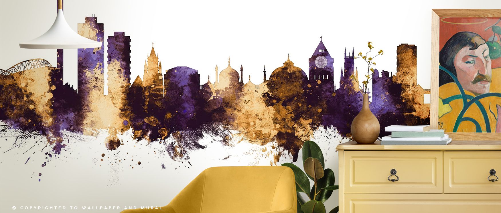 Twilight radiance flows through the Brighton England Skyline Purple & Gold Wallpaper, where each structure gleams with refined light. The skyline glows softly against purple skies kissed with gold, evoking harmony and sophistication. The metallic sheen mo