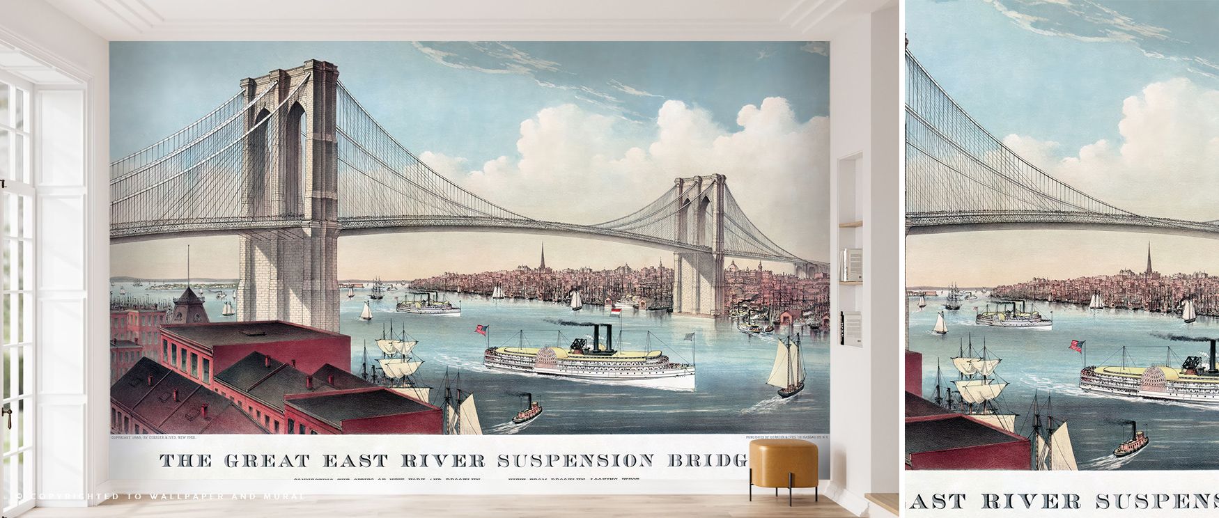 Light drifts softly across the Brooklyn Bridge 1883 Wallpaper, tracing steel cables with quiet delicacy. The interplay of highlight and depth creates subtle drama, enriching interiors with artful presence and heritage-inspired atmosphere. Each element ref