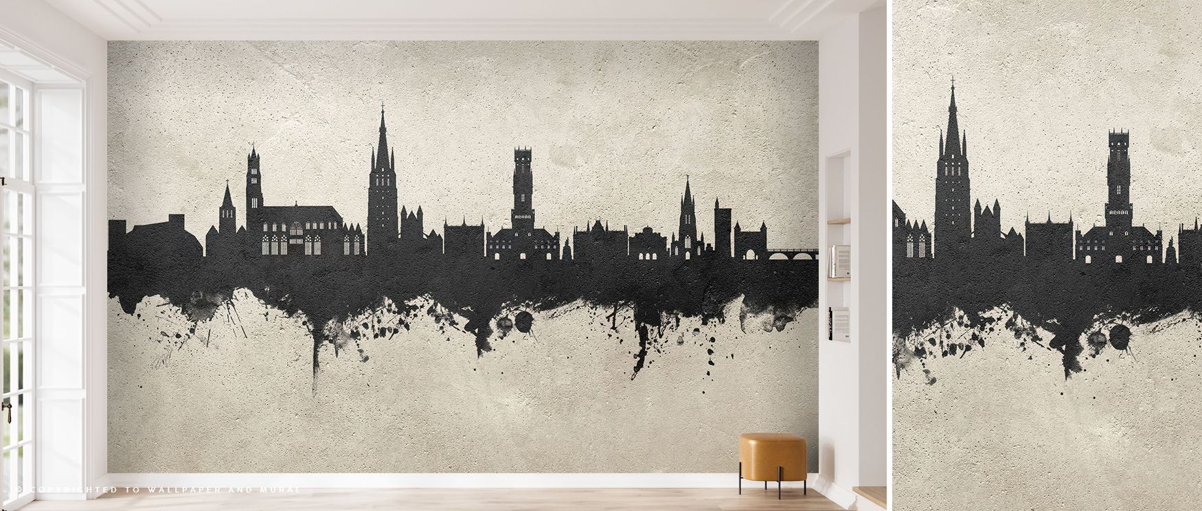 Textured serenity defines the Bruges Belgium Skyline Concrete Wallpaper, where graceful silhouettes meet a calm concrete tone. Each structure stands with timeless dignity, rendered in soft lines and shadowed detail. The interplay of form and depth adds so