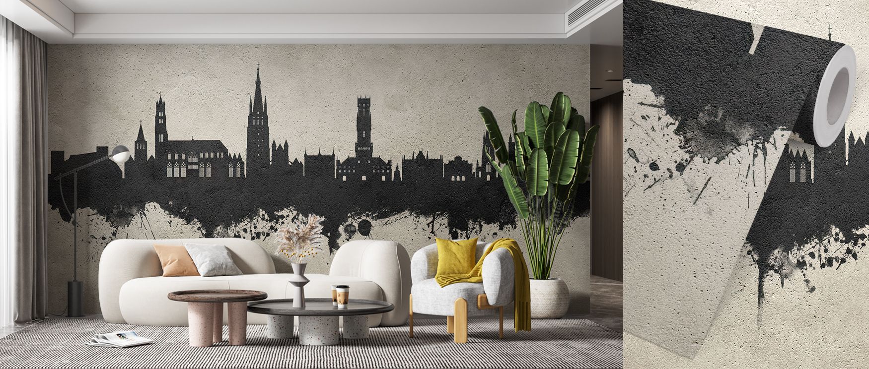 Elegant contrast defines the Bruges Belgium Skyline Concrete Wallpaper, where aged outlines stand softened by texture. The design evokes history with quiet reverence, transforming interiors into thoughtful reflections of time, culture, and artistry. Each 