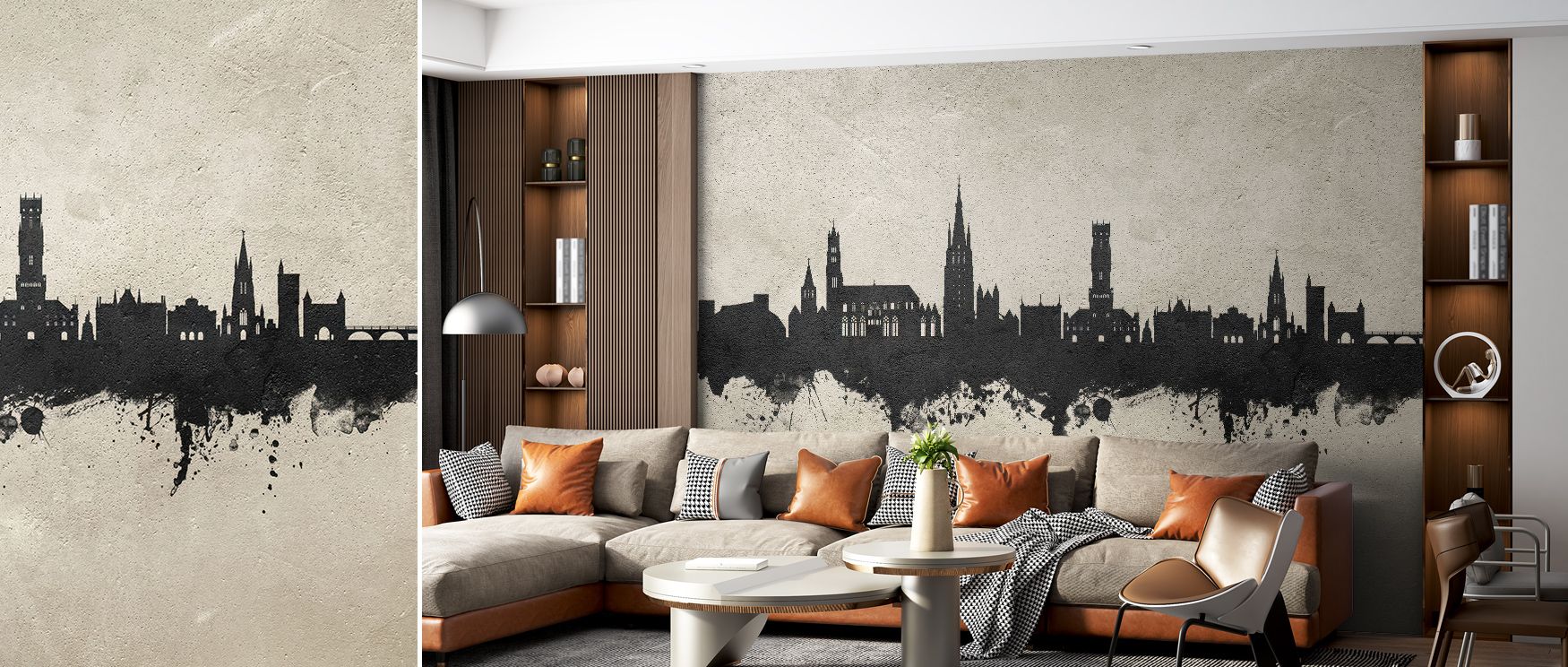 Under gentle light, the Bruges Belgium Skyline Concrete Wallpaper reveals delicate variation in tone and dimension. The cityscape feels suspended in stillness, offering a meditative quality that complements contemporary interiors. Its monochromatic palett