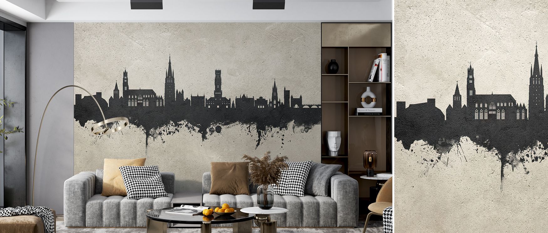 Subtle artistry emanates from the Bruges Belgium Skyline Concrete Wallpaper, its fine detailing and matte texture conveying urban poetry. Each architectural line holds precision and character, ideal for rooms that seek balance between design discipline an