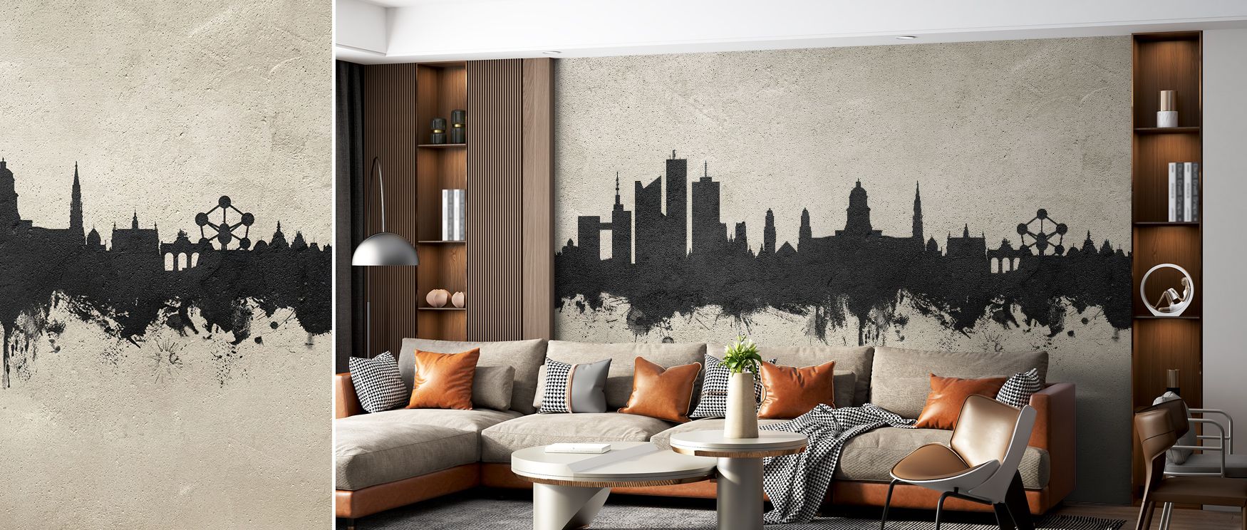 Subdued light breathes life into the Brussels Belgium Skyline Concrete Wallpaper, tracing spires and rooftops with precision. The texture feels organic yet controlled, evoking European elegance through simplicity. Its calm palette complements sleek furnis