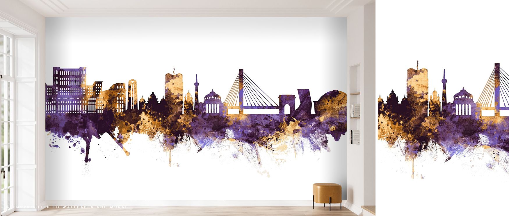Radiant tones shimmer through the Bucharest Romania Skyline Purple & Gold Wallpaper, where architectural detail meets luxurious depth. The skyline gleams beneath a soft golden glow, its structures defined by elegant contrast. Purple tones evoke twilight c