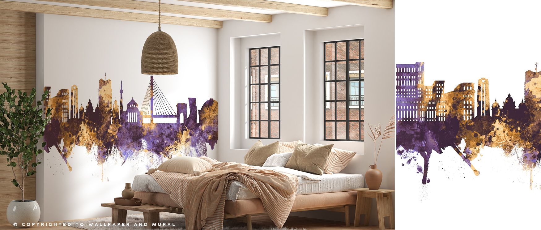 Luminous gradients expand across the Bucharest Romania Skyline Purple & Gold Wallpaper, bathing the city in golden warmth. Each detail appears etched in light, creating emotional stillness within its reflective beauty. This refined aesthetic complements m