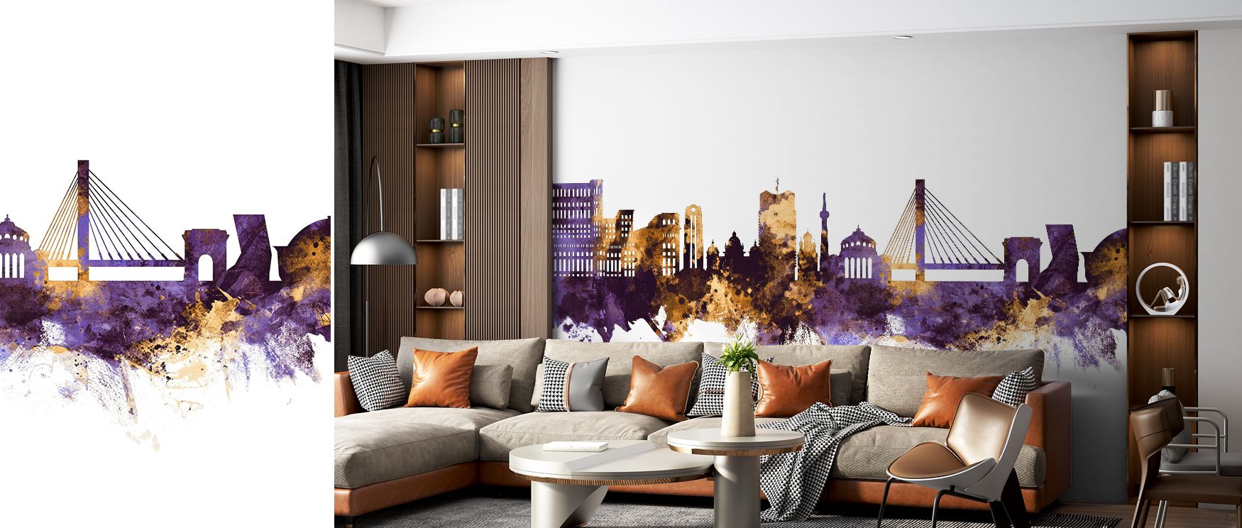 Light dances through the Bucharest Romania Skyline Purple & Gold Wallpaper, illuminating intricate spires in gilded glow. The hues merge in serenity, transforming rooms into luminous spaces of peace and refinement. Each stroke conveys artistry and Europea