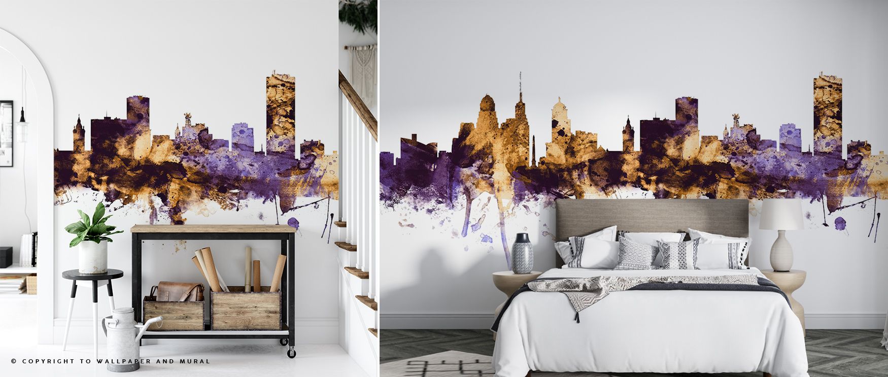 Subtle warmth glimmers through the Buffalo New York Skyline Purple & Gold Wallpaper, blending deep violet undertones with radiant gold accents. Each building emerges in fine detail, carrying a calm dignity that enriches interiors with sophistication. Its 