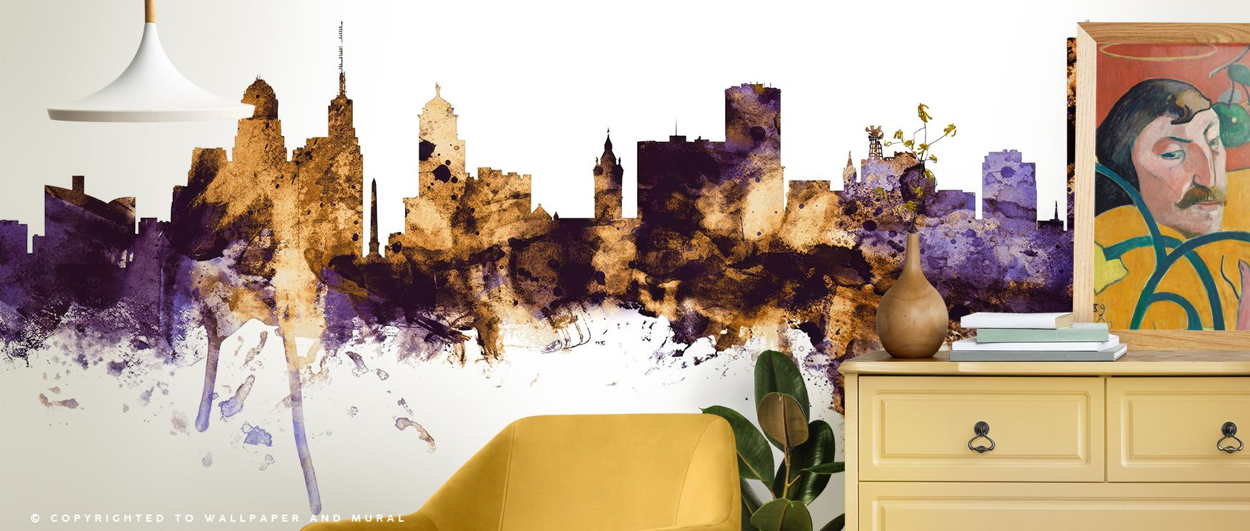 A peaceful glow fills the Buffalo New York Skyline Purple & Gold Wallpaper, uniting structure and emotion in refined proportion. The balanced tones of twilight purple and metallic gold form visual poetry that enhances modern interiors. Every architectural