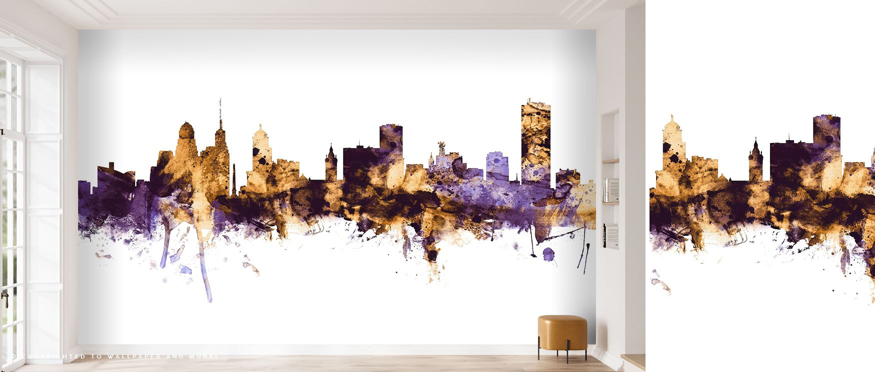 Golden hues drift across the Buffalo New York Skyline Purple & Gold Wallpaper, illuminating each structure with quiet strength. The purple twilight glows behind domes and spires, giving interiors a serene sense of grandeur and balance. Perfect for refined