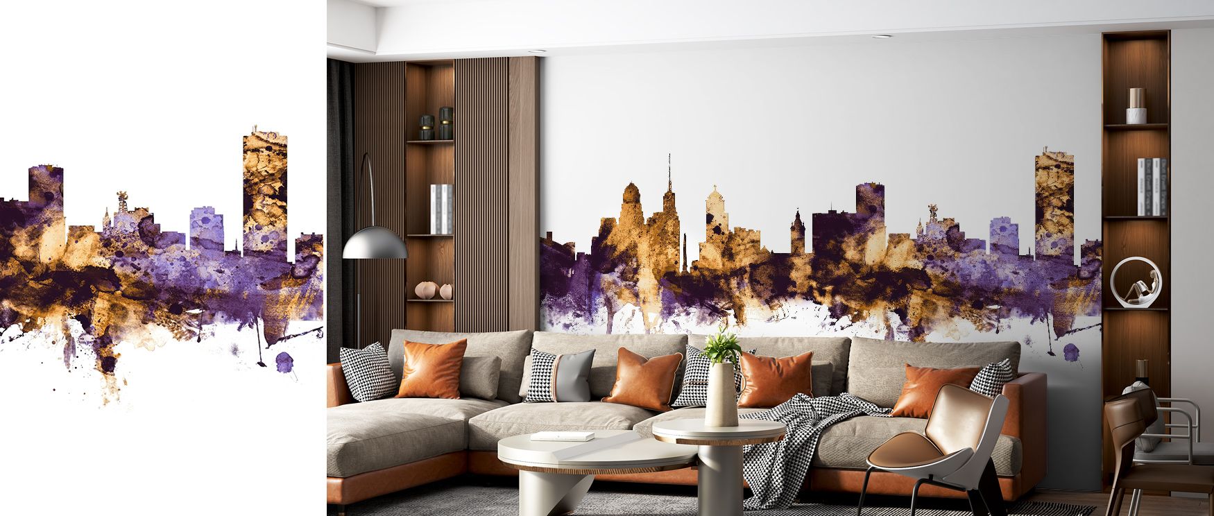 Warm shimmer defines the Buffalo New York Skyline Purple & Gold Wallpaper, its luminous palette balancing depth and grace. The skyline’s geometry feels sculpted by evening light, bringing visual rhythm and dignity. Perfect for interiors that appreciate co