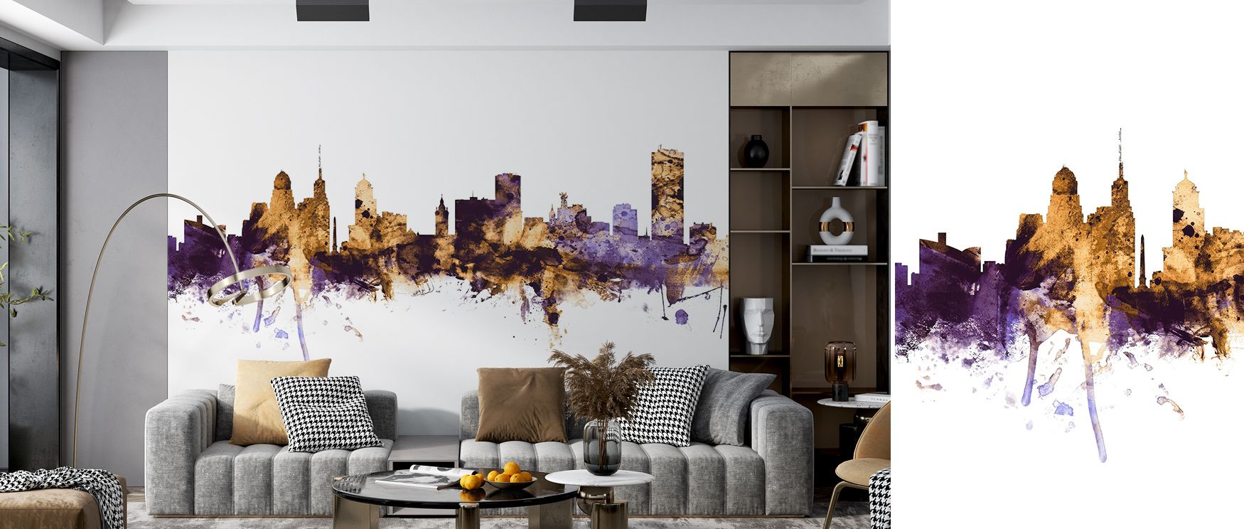 Deep purples flow through the Buffalo New York Skyline Purple & Gold Wallpaper, their tones glowing beneath golden reflections. The result feels contemplative and rich, filling interiors with elegance and refined texture. Every detail harmonizes structure