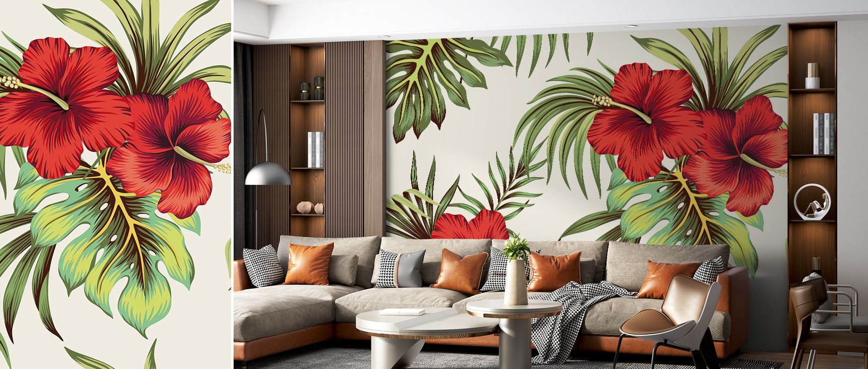 Luminous gradients flow across the Calm Exotic Nature Wallpaper, revealing hand-painted elegance and botanical rhythm. Each hue—from jade to coral—moves fluidly, creating visual depth that feels alive yet peaceful. The design’s balanced composition enhanc