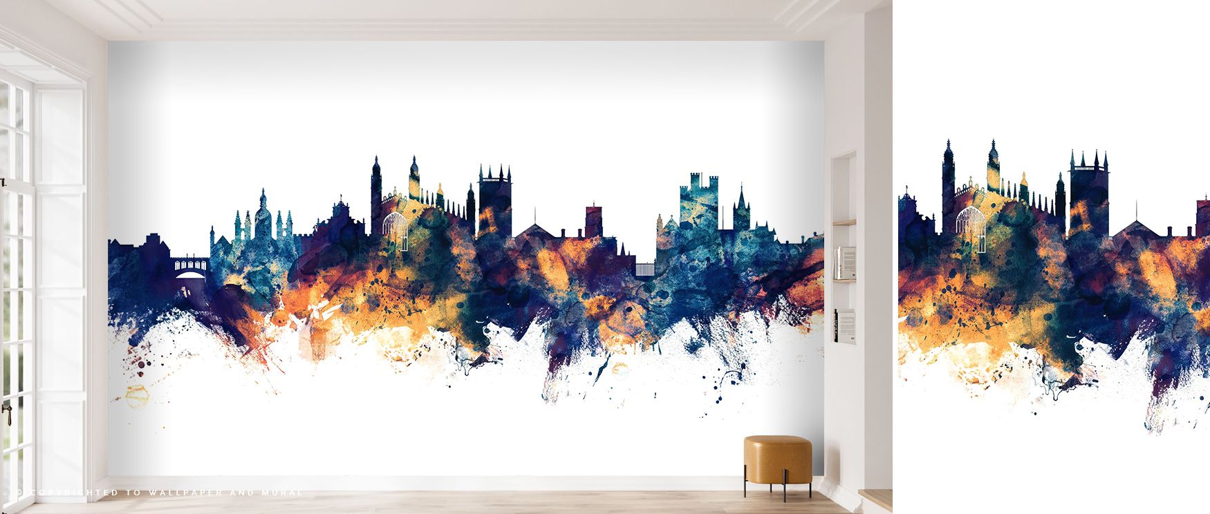Bronze light flows through the Cambridge England Skyline Blue & Bronze Wallpaper, illuminating spires and rooftops with poetic stillness. Deep blue shadows embrace soft metallic glow, creating equilibrium between history and modern grace. Each line feels 