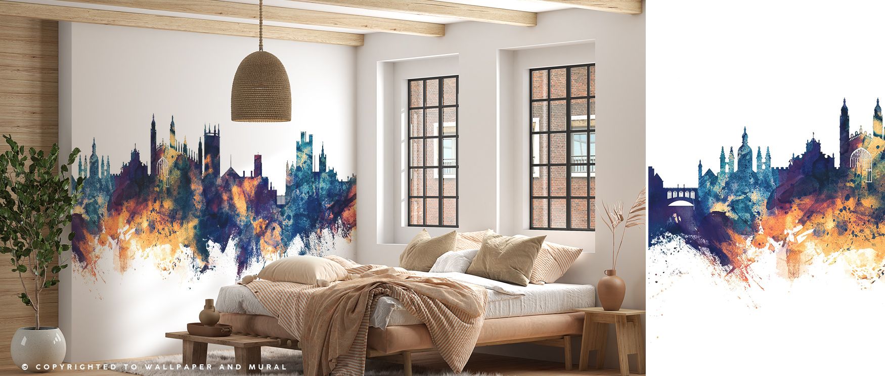 A tranquil elegance surrounds the Cambridge England Skyline Blue & Bronze Wallpaper, with spires stretching into a bronze-lit sky. The subtle sheen of metal softens tone, blending light and intellect in serene symmetry. It enriches interiors through quiet