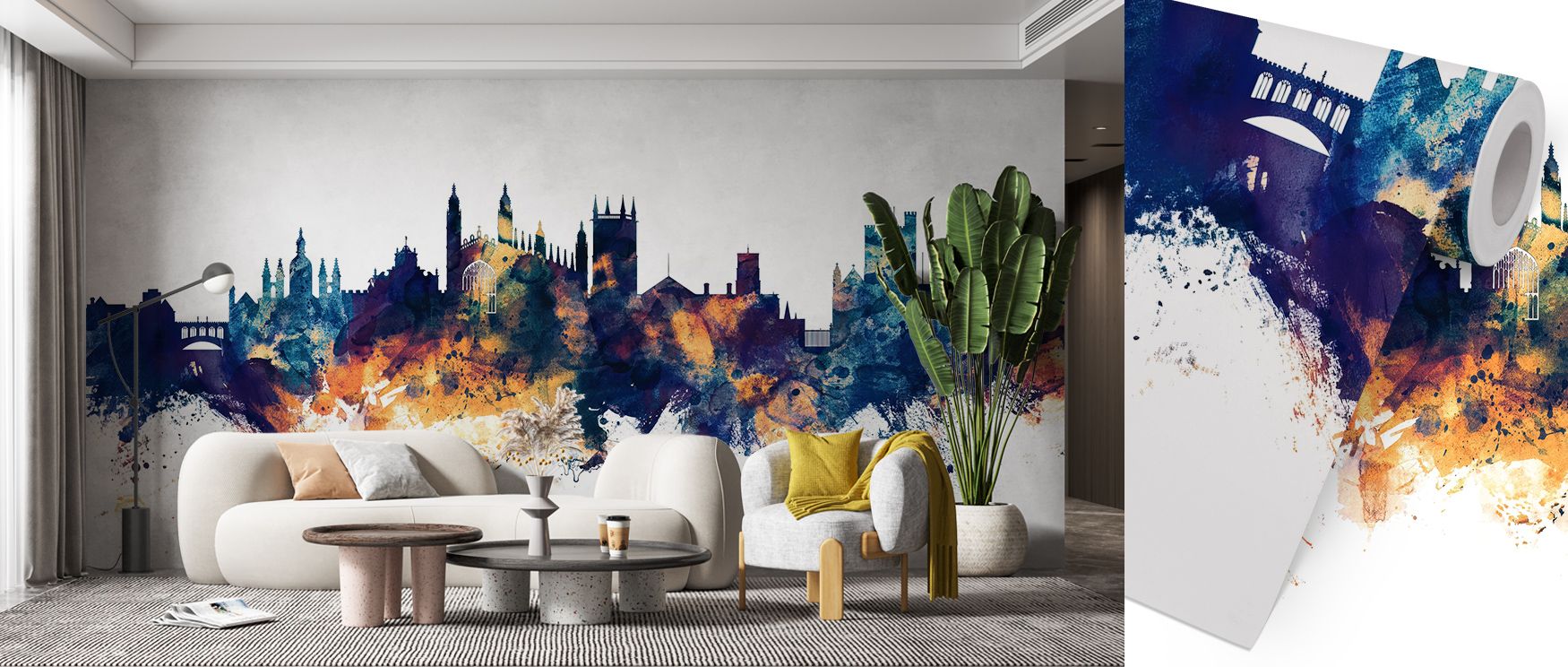 Golden undertones shimmer across the Cambridge England Skyline Blue & Bronze Wallpaper, revealing the harmony between tone and form. Each building reflects dignity and balance, transforming walls into landscapes of heritage. Ideal for calm modern homes, i