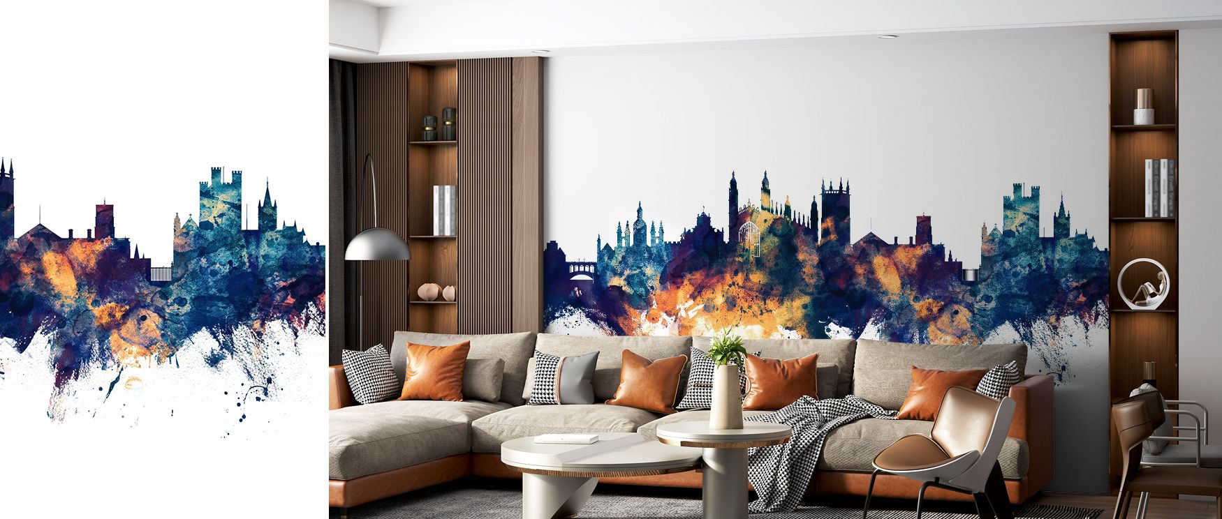 Deep tones of blue embrace the Cambridge England Skyline Blue & Bronze Wallpaper, blending elegance and intellect. Each contour stands illuminated by soft metallic glow, symbolizing cultural pride. The design’s rhythmic balance enriches interiors with pea