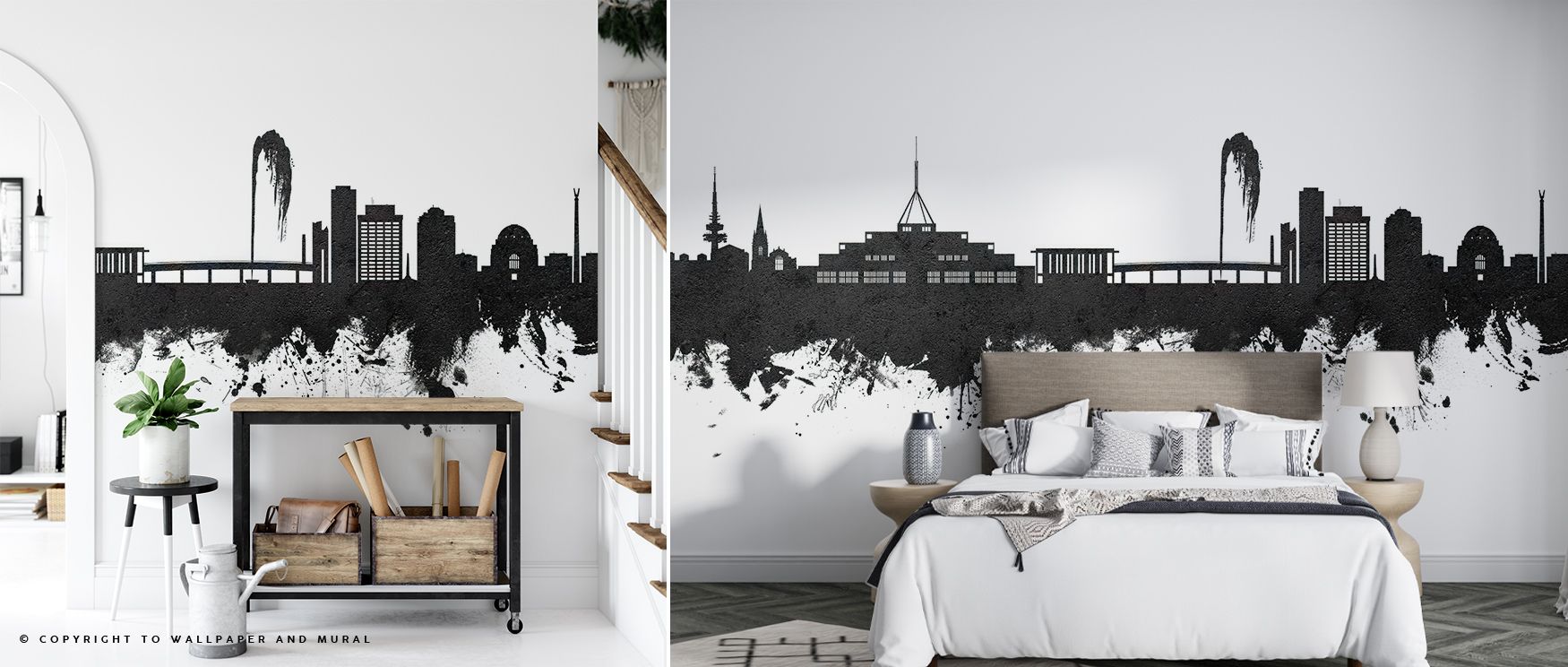 Gentle movement inhabits the Canberra Skyline Black & White Wallpaper, blending clarity and quiet tone. The balance between dark and light creates refined composure, reflecting architectural grace and modern serenity. Designed for interiors embracing simp