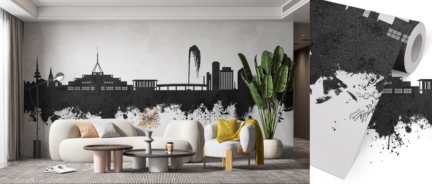 Balanced geometry unfolds through the Canberra Skyline Black & White Wallpaper, capturing architectural rhythm with subtle artistry. Each building rests in visual harmony, blending history and modernity through tone and contrast. This composition reflects
