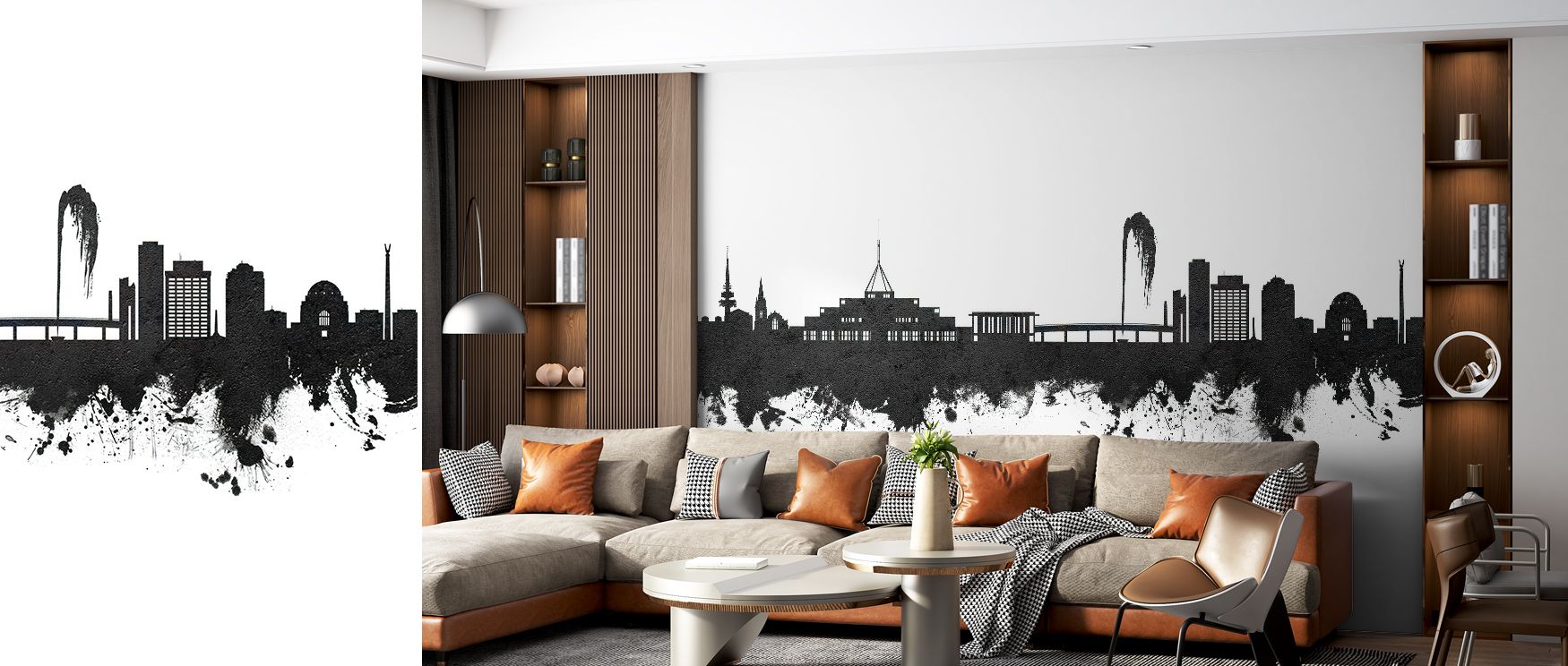 Poetic simplicity emanates from the Canberra Skyline Black & White Wallpaper, as muted shadows flow beneath fine structure. Each stroke captures emotion through design, offering calm elegance to spaces that value architectural precision and monochrome bea