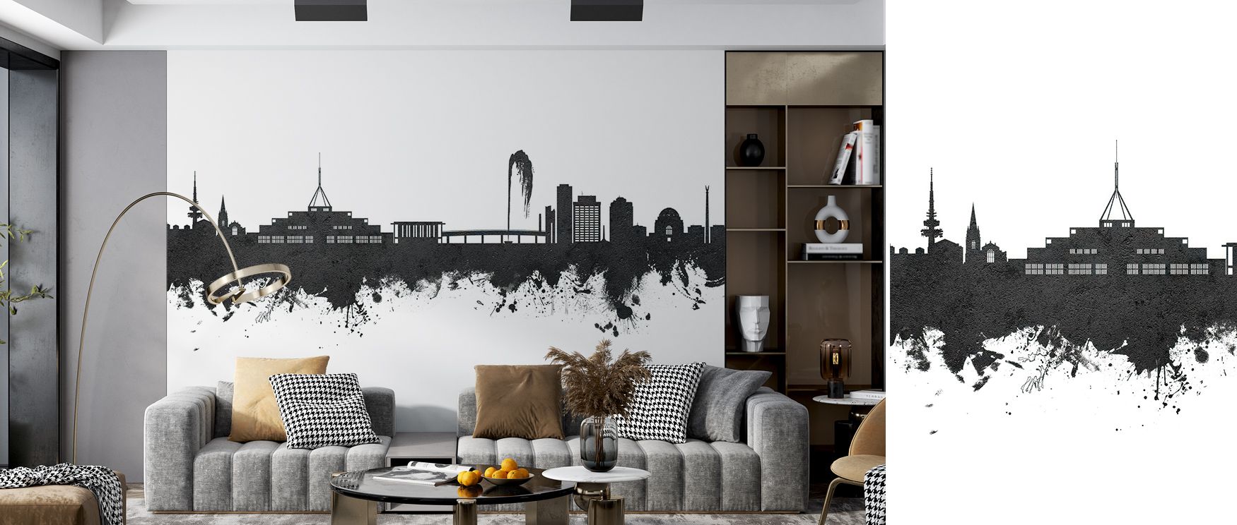 Soft light traces the contours of the Canberra Skyline Black & White Wallpaper, creating mood through minimal contrast. Each line carries both motion and calm, evoking depth and balance. It enriches interiors with restrained sophistication, adding rhythm 