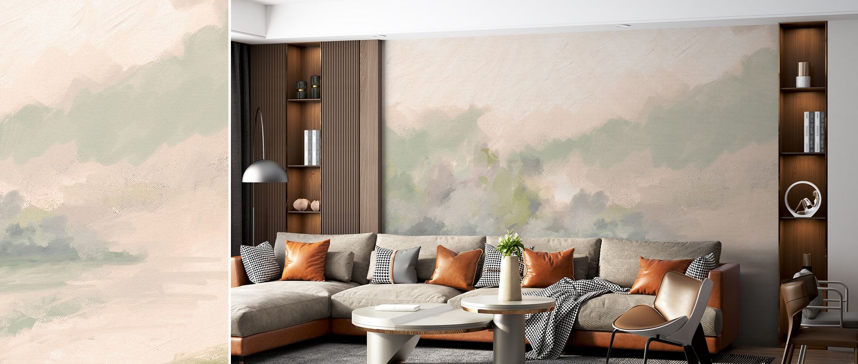 Natural balance glows through the Canvas Riverbank Wallpaper, blending subtle greens with sky-toned whispers. The design’s seamless flow creates comfort and aesthetic rhythm, transforming rooms into tranquil havens filled with visual poetry and harmonious