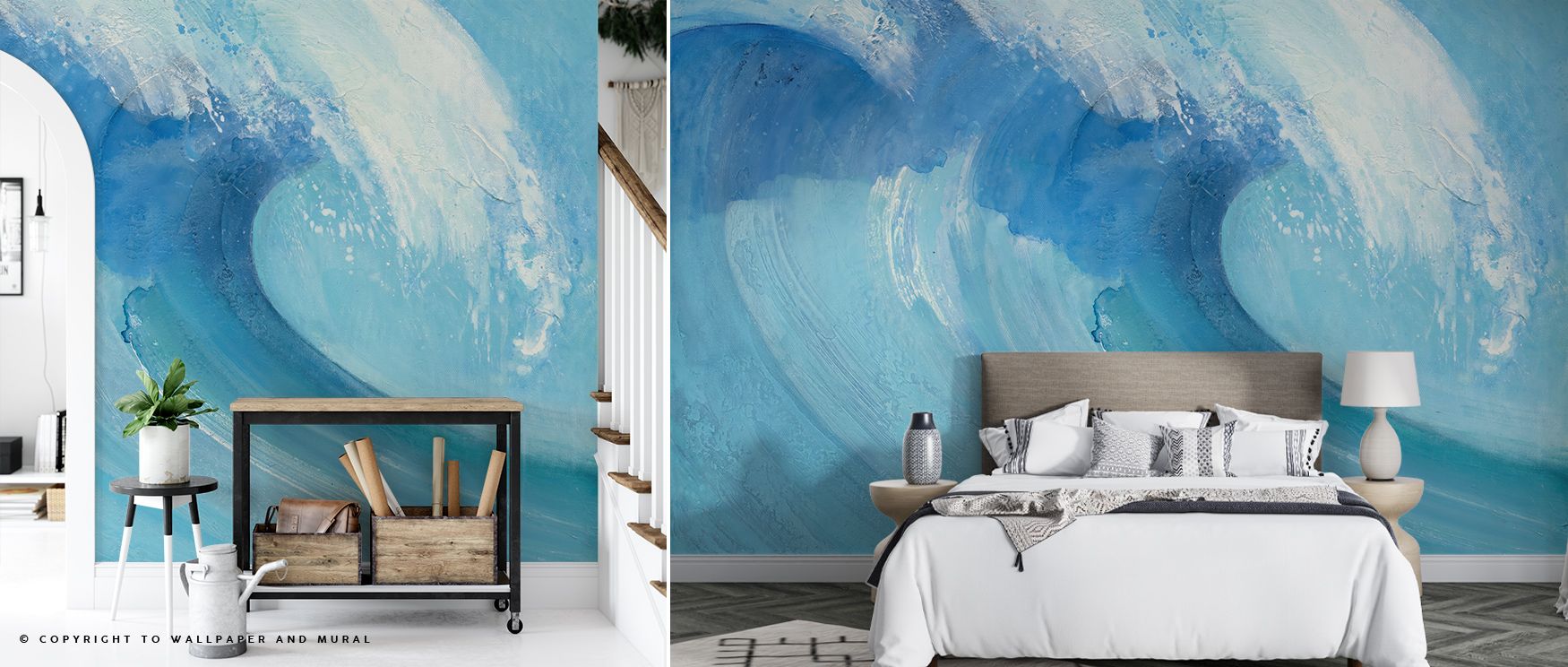 Ocean-inspired rhythm flows through the Catch a Wave Wallpaper, where overlapping gradients of aqua and azure create fluid continuity. Each curve holds sunlight’s echo, enhancing rooms with cool vitality and atmospheric balance, perfect for serene, open i