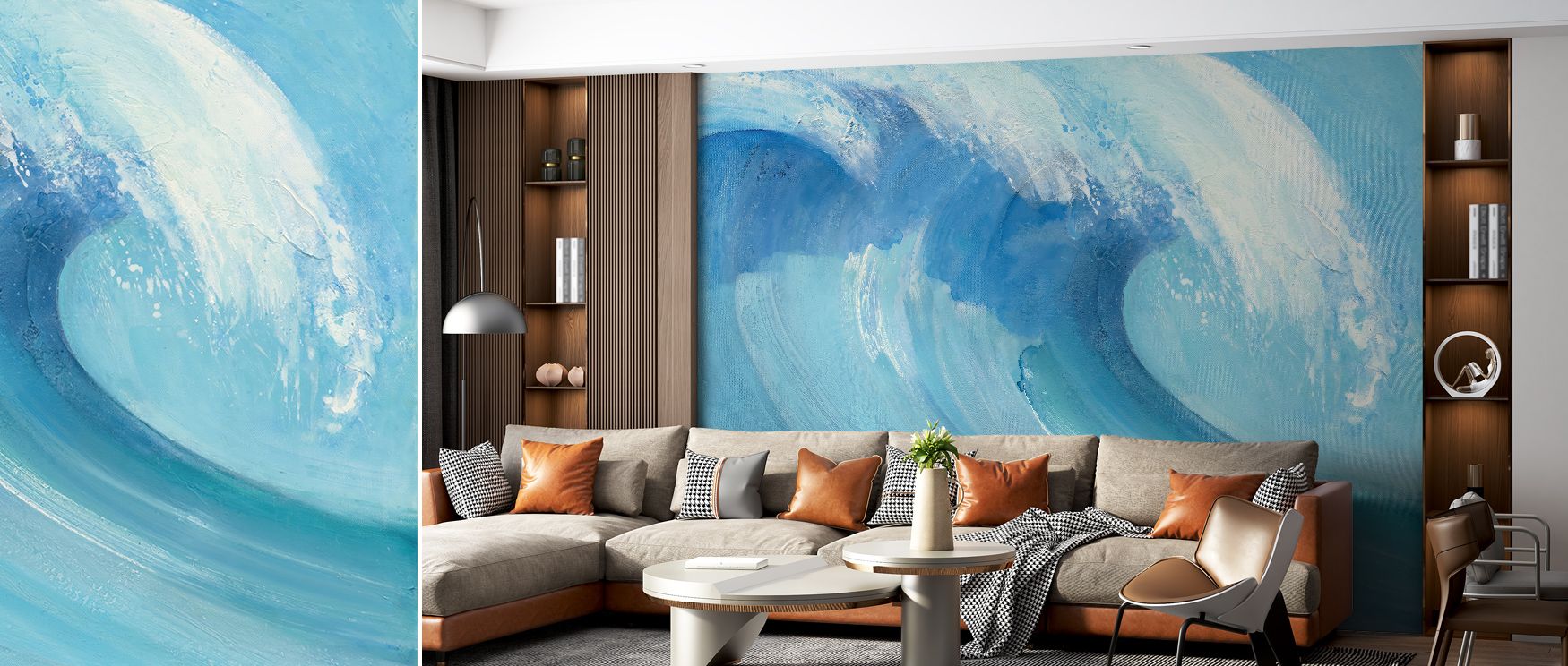 Blue serenity surrounds the Catch a Wave Wallpaper, its layered motion blending power and softness. Each brushstroke flows seamlessly, giving rooms depth and dimension through artful equilibrium and coastal purity. It expresses tranquility through motion.