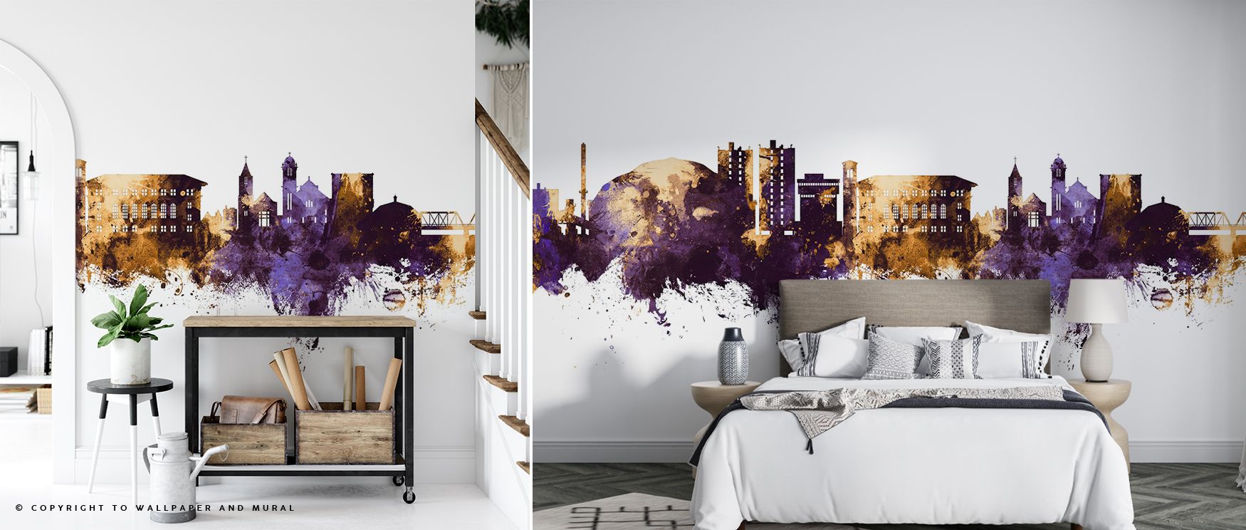 Radiant depth moves through the Cedar Falls Iowa Skyline Purple & Gold Wallpaper, merging gold luminosity with serene violet tone. Each line captures the peace of evening architecture, embodying strength and softness. Its layered beauty transforms interio