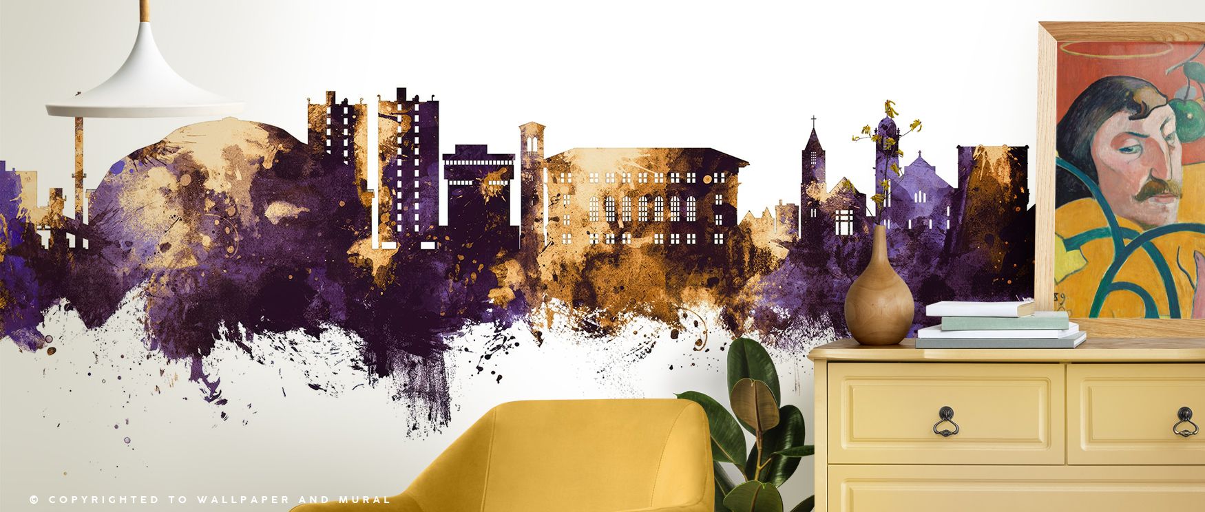 Golden twilight flows across the Cedar Falls Iowa Skyline Purple & Gold Wallpaper, embracing subtle architecture with reflective calm. Each curve and contour glows with emotion, enhancing walls with warmth and sophistication. It evokes serenity and struct