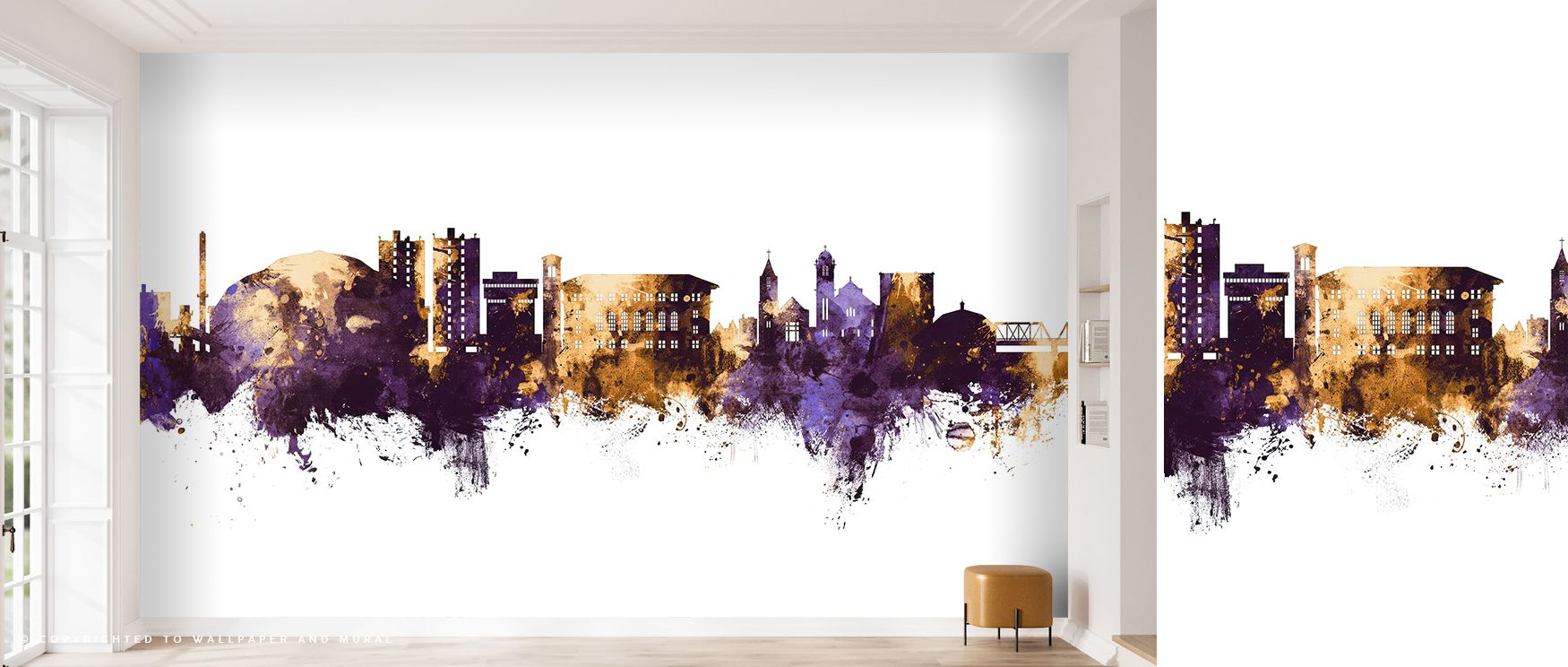 Soft gold gleams through the Cedar Falls Iowa Skyline Purple & Gold Wallpaper, illuminating architectural detail across its twilight canvas. Each structure feels suspended in calm light, blending elegance and motion. The violet backdrop glows beneath the 