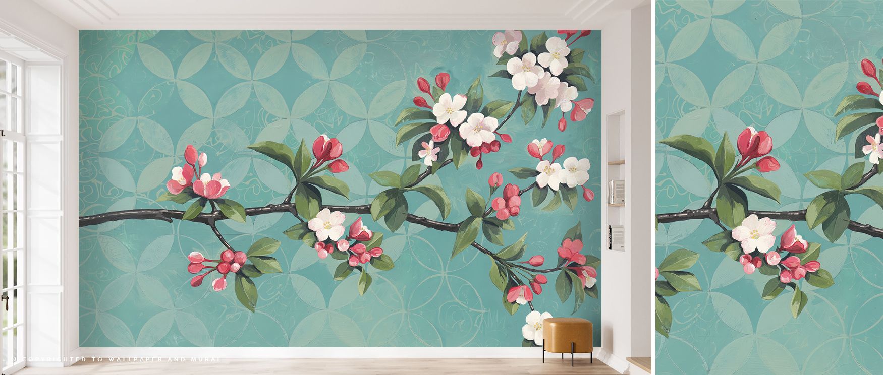 Layers of bloom illuminate the Cherry Blossoms Wallpaper, evoking the freshness of early spring. Each petal’s form suggests purity and emotional renewal. The palette’s soft contrast enhances interiors with depth, grace, and natural vitality. 
