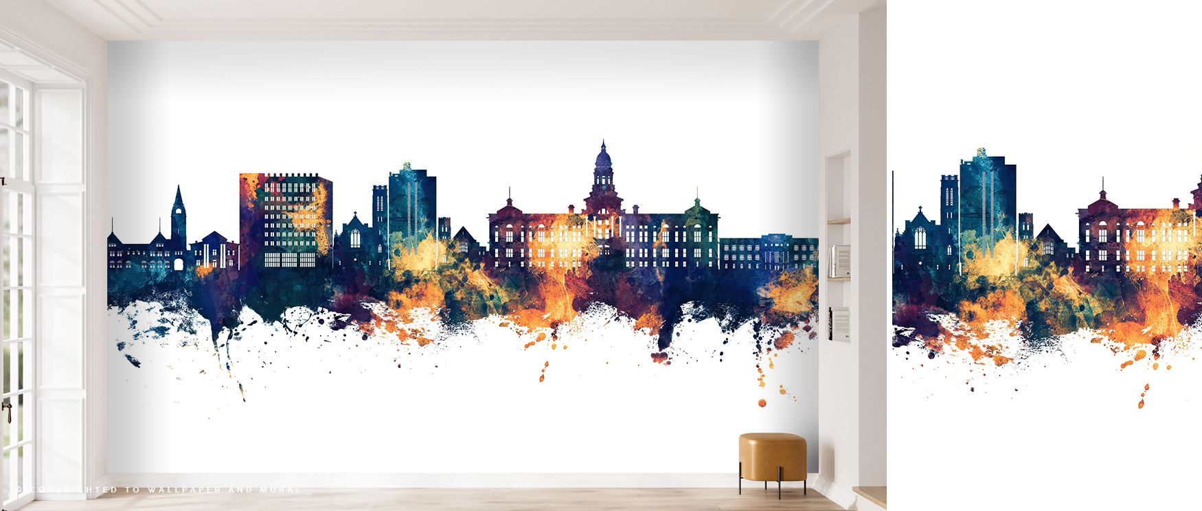Bronze warmth drifts through the Cheyenne Wyoming Skyline Blue & Bronze Wallpaper, illuminating city forms against soft evening light. Each contour reflects Cheyenne’s cultural charm and open-sky calm. The balance of metallic shimmer and cool blue tone fi