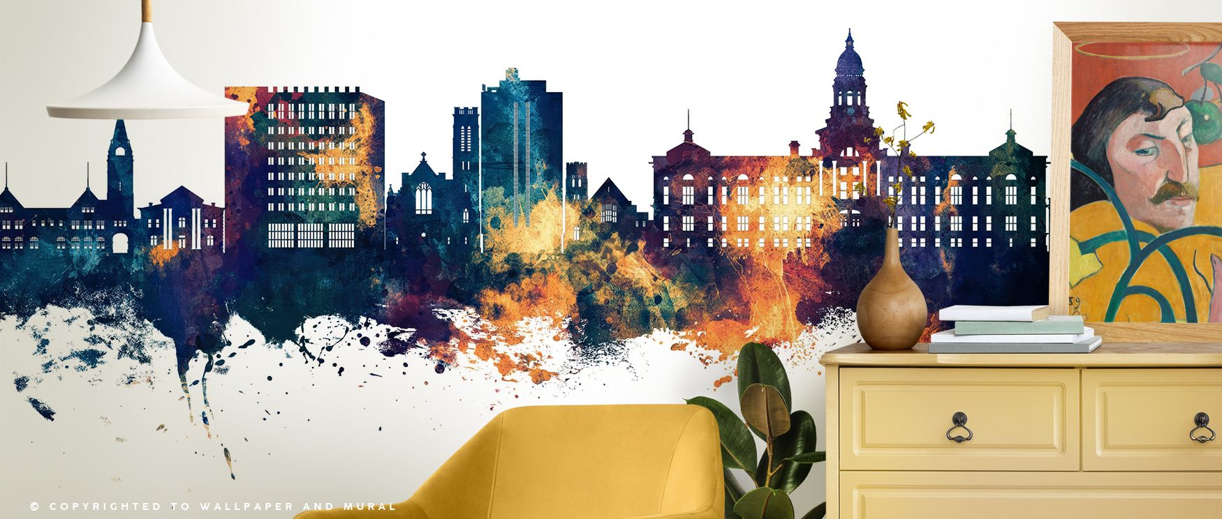 Cool serenity spreads through the Cheyenne Wyoming Skyline Blue & Bronze Wallpaper, where skyline silhouettes rise within layered twilight. The tones merge seamlessly, creating a tranquil atmosphere ideal for modern living spaces or sophisticated offices 