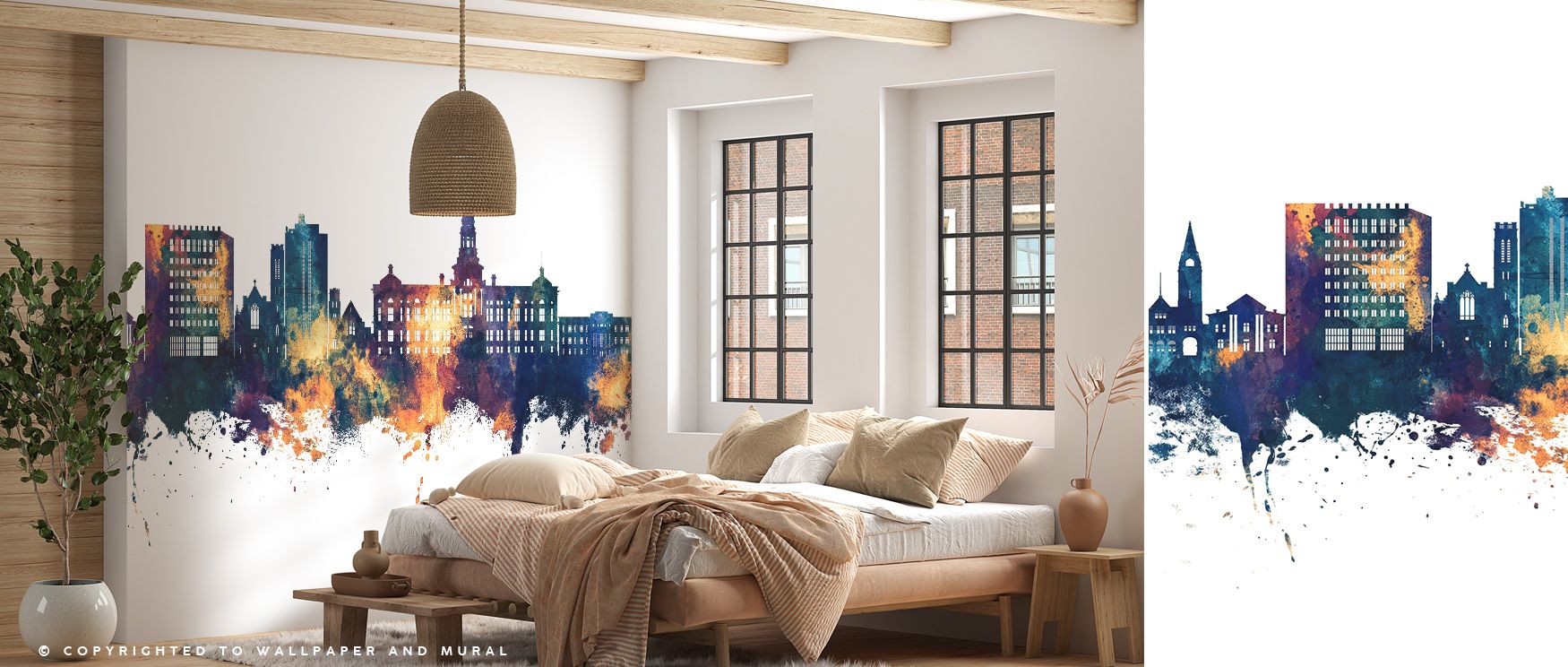 Blue horizons meet copper tones across the Cheyenne Wyoming Skyline Blue & Bronze Wallpaper, evoking heritage and calm light. The skyline’s contours blend into rhythmic stillness, enveloping interiors with warmth, balance, and artistic presence. 