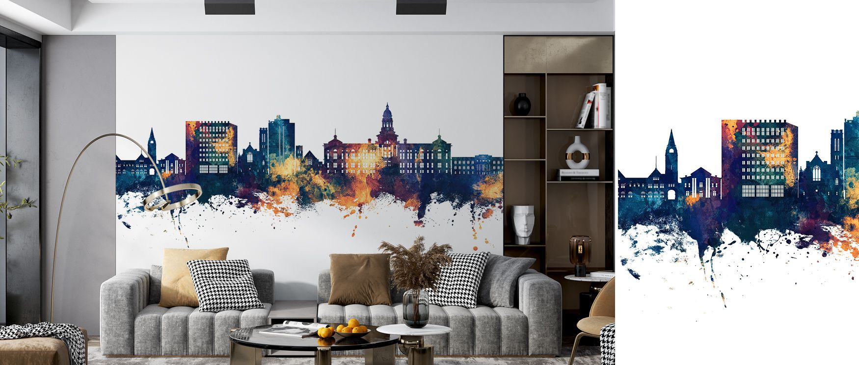 Tranquil gradients of blue and bronze infuse the Cheyenne Wyoming Skyline Blue & Bronze Wallpaper with emotional balance. The composition feels grounded yet alive, transforming rooms into peaceful reflections of light and space. 