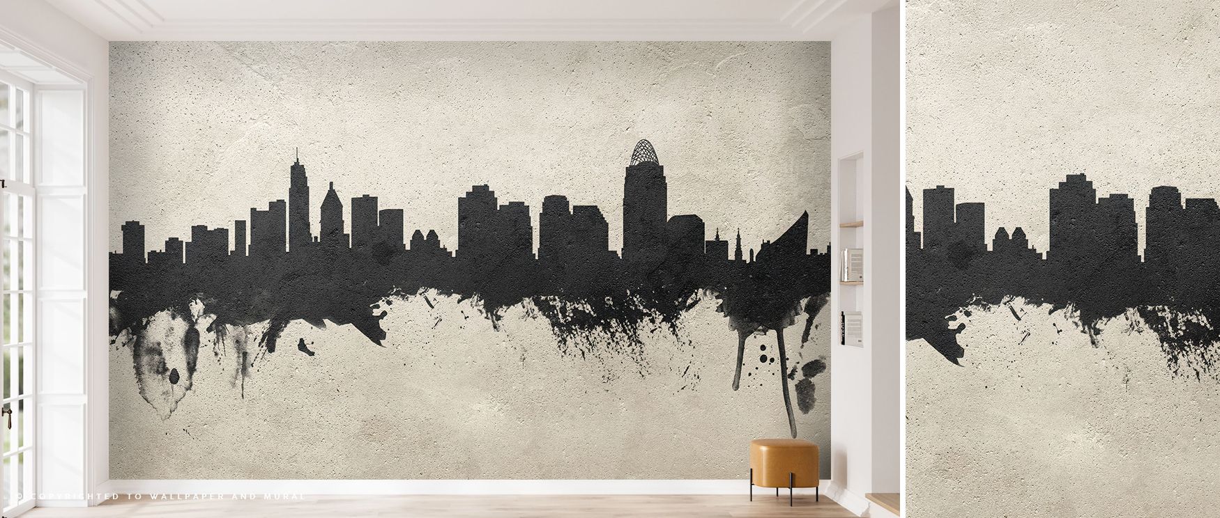 Subtle geometry defines the Cincinnati Ohio Skyline Concrete Wallpaper, where silhouettes emerge from textured depth. Each structure feels alive through tone and proportion, creating serenity within contemporary interiors. The neutral palette conveys prec