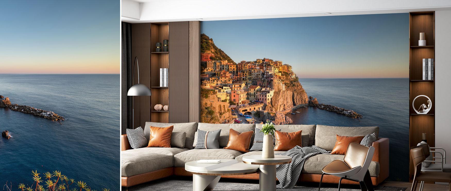 Harmonious warmth fills the Cinque Terre Sunkissed Wallpaper, blending coral and azure hues in elegant calm. Each surface glows under subtle light, ideal for living spaces seeking poetic coastal atmosphere and golden peace. 