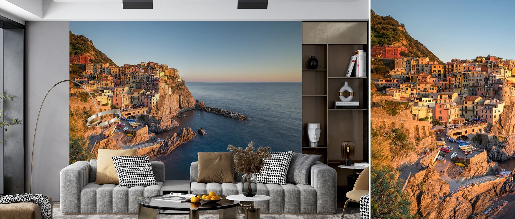 Sun-lit brilliance defines the Cinque Terre Sunkissed Wallpaper, blending tone and reflection. The scene feels alive with quiet vitality, turning walls into expressions of joy, balance, and relaxation. 