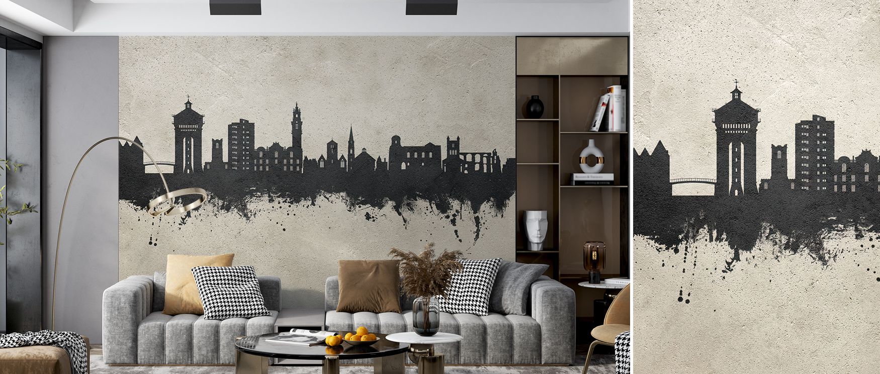 Contemporary charm flows within Colchester England Skyline Concrete Wallpaper, capturing urban essence through silver tones. Its structured harmony reflects refinement, making it ideal for environments that value subtle rhythm and elegance. 
