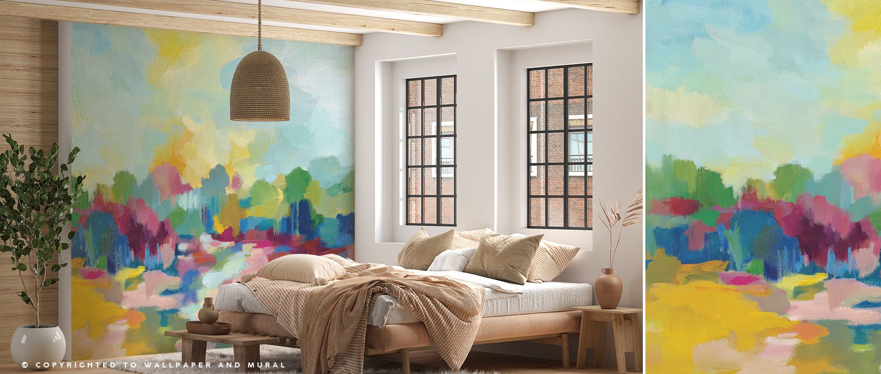 Vibrant tones radiate from Colorful Day Wallpaper, sweeping across each surface in rhythmic patterns of gold, blush, and aqua. The design’s luminous flow celebrates color as emotion, infusing interiors with warmth and joyful creativity that elevates atmos