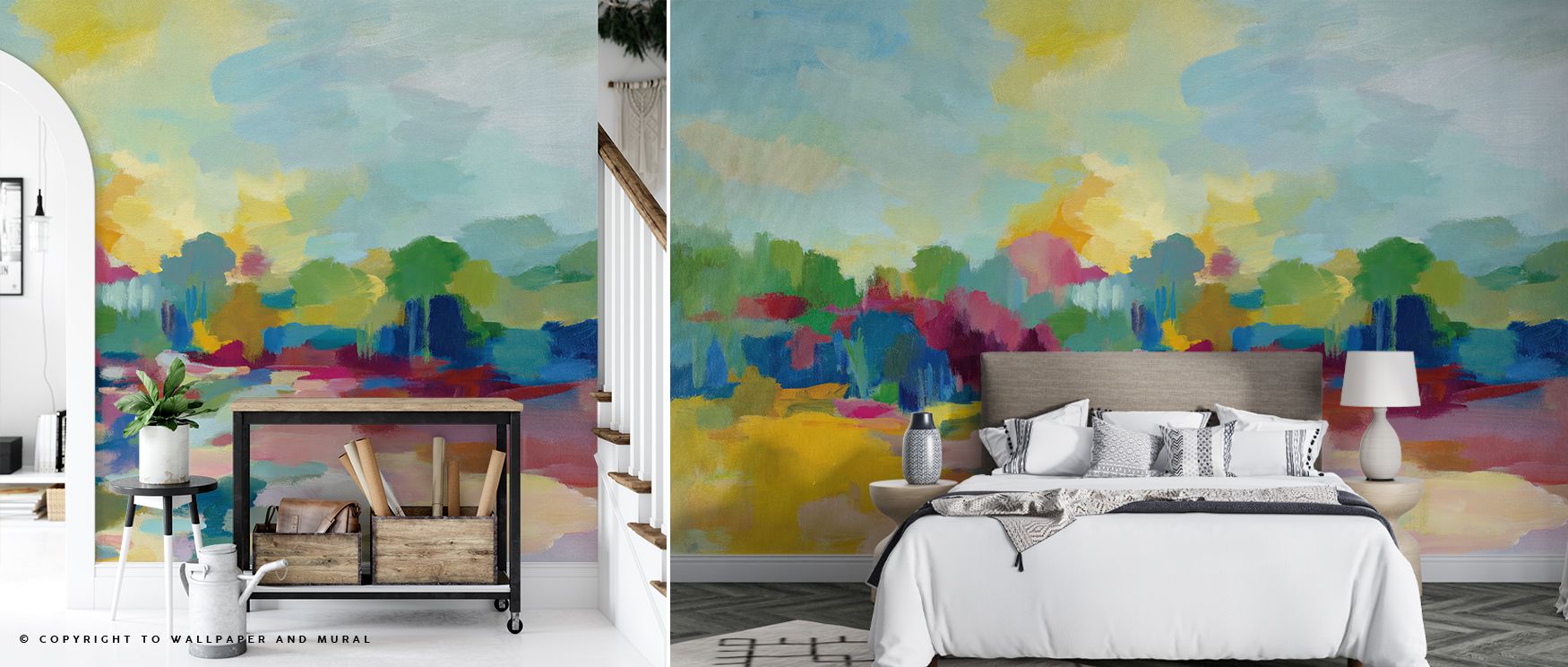 Soft gradients of peach, coral, and azure unfold across Colorful Day Wallpaper, creating a luminous symphony of movement. Its abstract design evokes freedom and light, enveloping rooms in energy that feels spontaneous yet deeply soothing. 