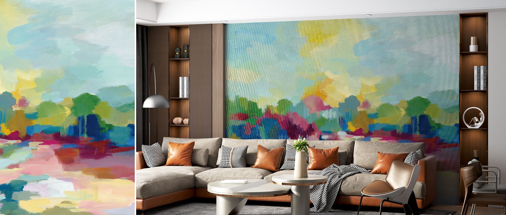 Sunlit reflections play through Colorful Day Wallpaper, with colors shifting gracefully between gold and violet tones. This composition captures the essence of creativity, turning ordinary spaces into spirited works of art filled with emotion and warmth. 