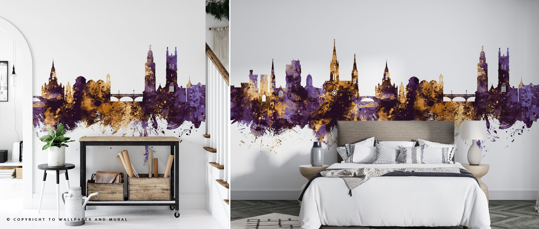 Subtle reflections flow across Cork Ireland Skyline Purple & Gold Wallpaper, merging purple twilight and golden shimmer. Each line glows with purpose, turning interiors into luminous tributes to Cork’s city charm and classic design poise. 