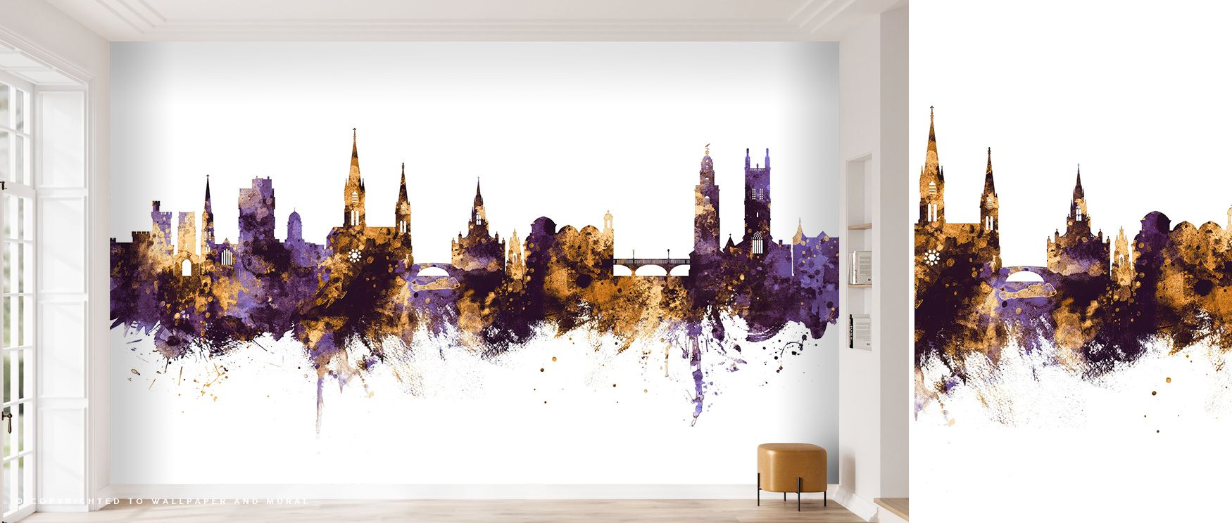 Glowing horizons illuminate Cork Ireland Skyline Purple & Gold Wallpaper, as golden reflections shimmer through layers of royal violet. The skyline’s fine architecture unfolds across metallic tones, expressing sophistication and timeless allure. Ideal for