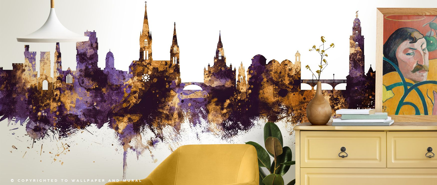 Rich layers of tone radiate within Cork Ireland Skyline Purple & Gold Wallpaper, where city contours gleam softly beneath twilight gold. The interplay of structure and hue mirrors Cork’s heritage and vibrancy, enriching walls with elegance and warm refine