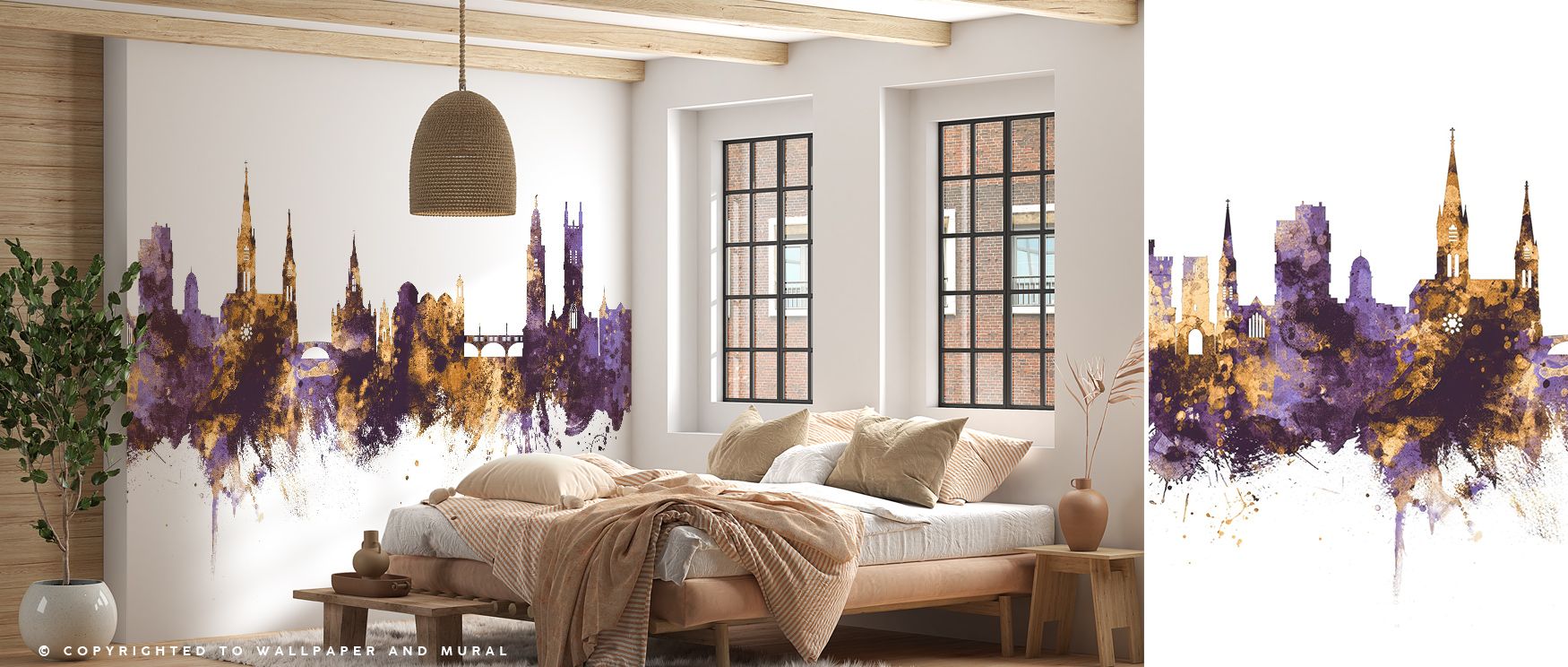 Majestic simplicity frames Cork Ireland Skyline Purple & Gold Wallpaper, where elegance rises through detailed silhouettes. The interplay of metallic tones inspires movement and harmony, creating a feeling of cultured serenity across refined walls. 