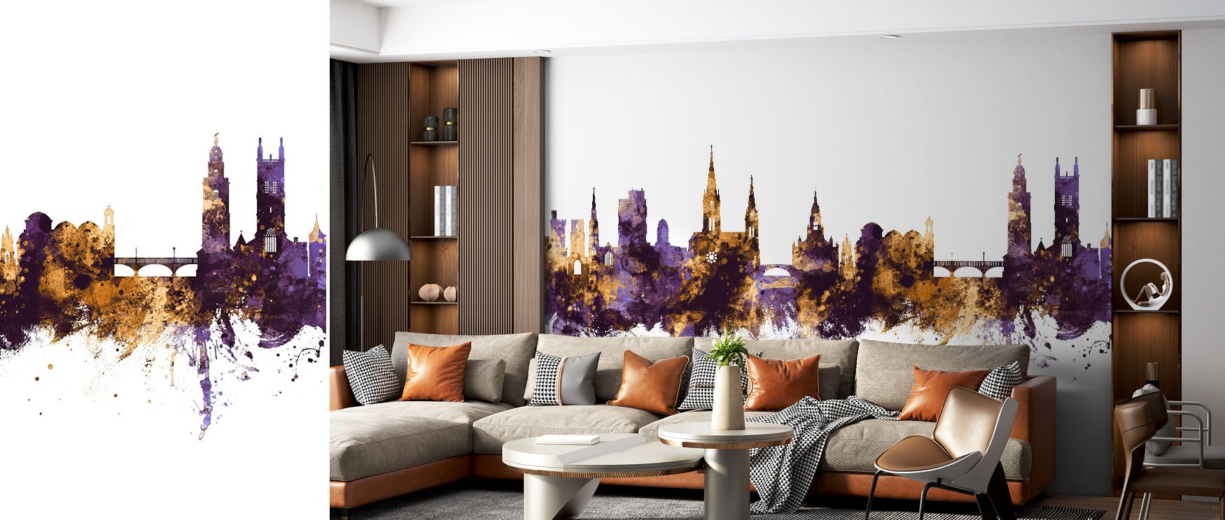 Twilight tones shimmer through Cork Ireland Skyline Purple & Gold Wallpaper, portraying Cork’s skyline in regal depth. Its balanced composition evokes harmony and style, infusing rooms with luxury, warmth, and urban beauty. 