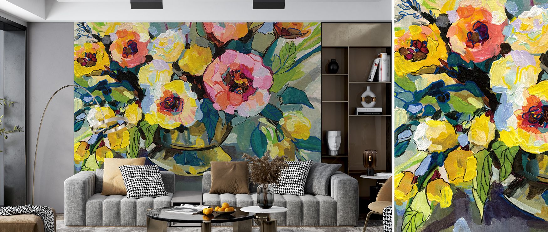 Elegant floral rhythm moves within Cottage Bouquet Wallpaper, reflecting balance between freshness and grace. The light gradients enhance dimension, creating warmth and visual continuity inspired by the charm of garden mornings. 